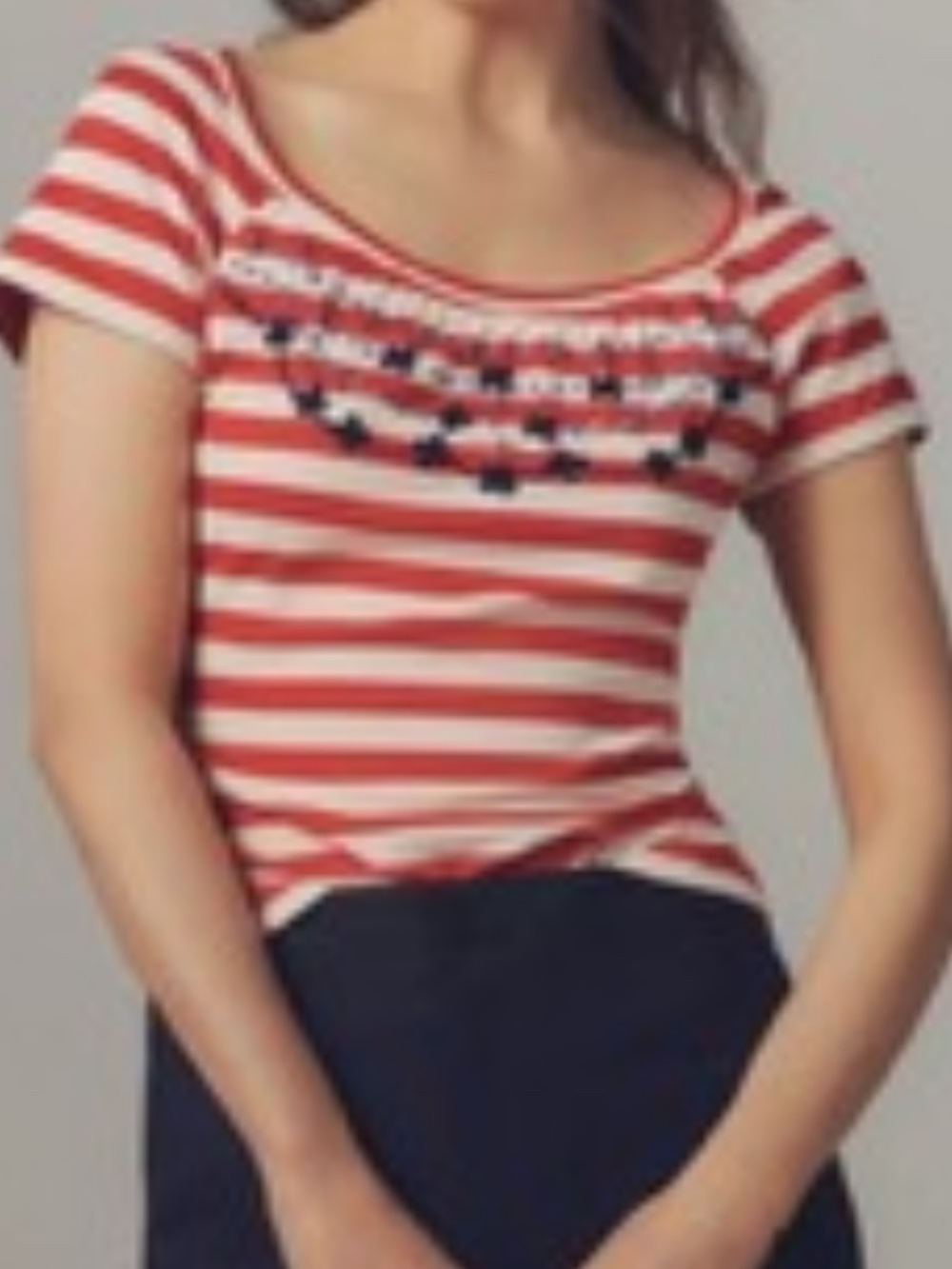 Anthropologie Maeve Embroidered Flowers Scoop-Neck Tee Red White Stripe Size XS